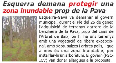 Notícia publicada a L'ERAMPRUNYÀ (Número 42 - Febrer de 2007) sobre la petició d'ERC de Gavà per crear un arborètum darrera de la Pava